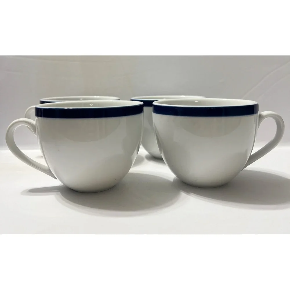 Williams Sonoma Brasserie Coffee Cups Set of 4 White Blue Rim Japan Bistro Mugs